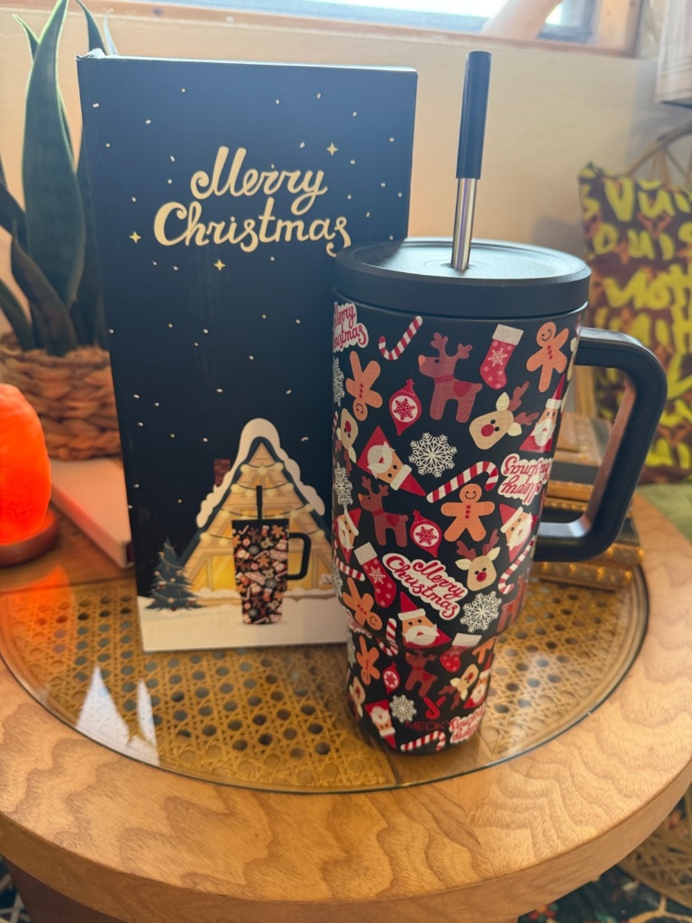 Festive Christmas Pattern Insulated Travel Tumbler - Black